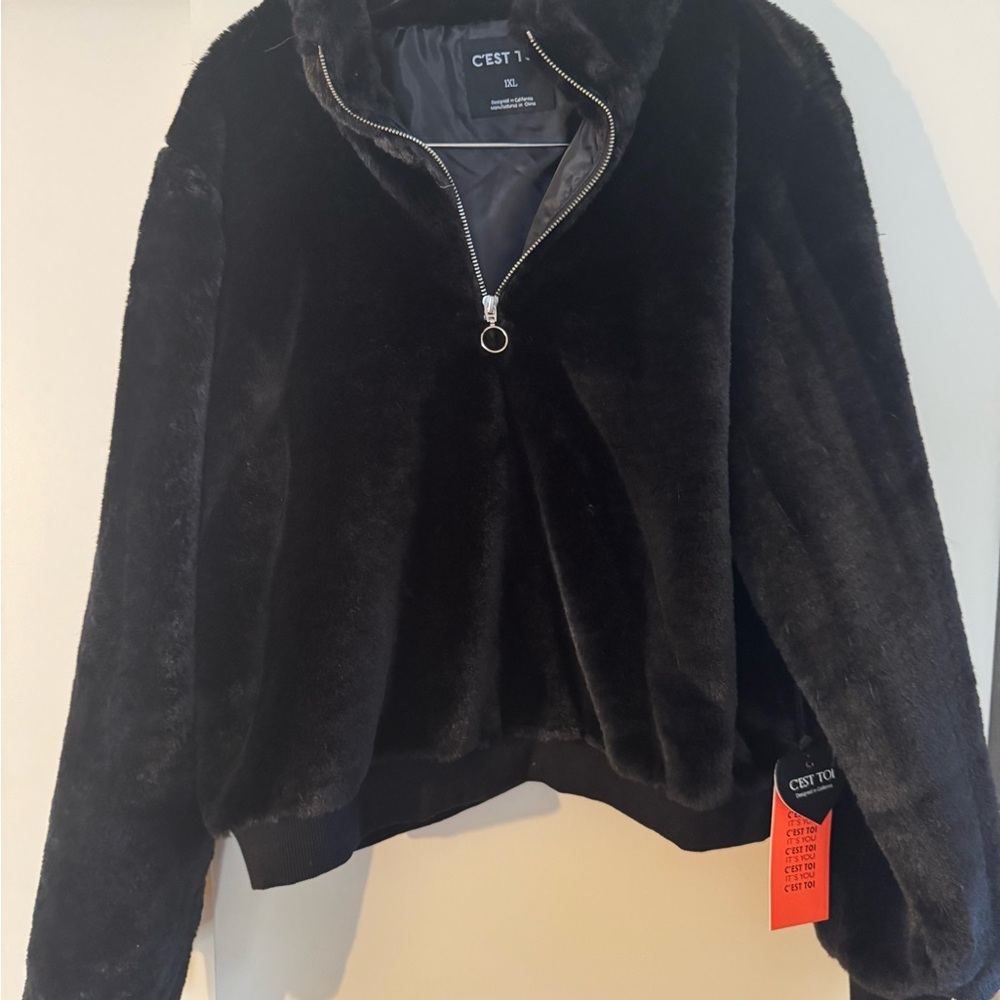 Black faux fur Half-Zip